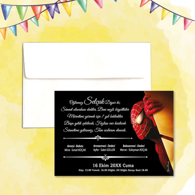 Mert Sünnet Davetiye 0305 - Spidermen-Örümcek Adam Tasarımlı Sünnet Davetiyesi Modelleri - Detay Görseli 1