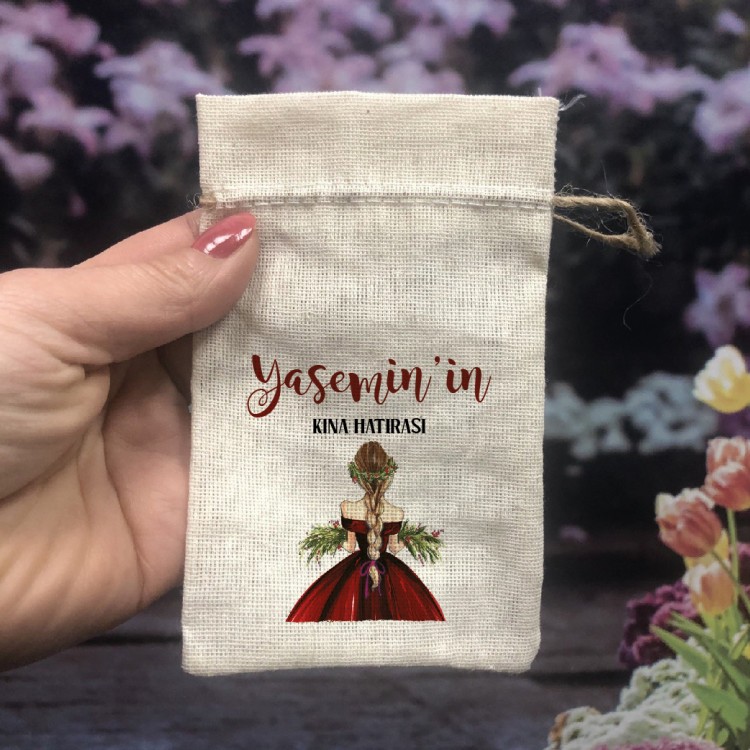 Baskılı Kese 0016 - Kırmızı Elbiseli Kına Kızı Hediyelik Kese - Detay Görseli 1