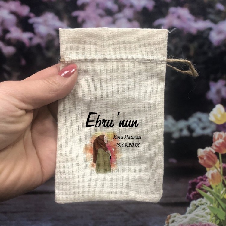 Baskılı Kese 0372 - Tesettürlü Kına Kızı Tasarım  Kına Gecesi Hatırası Hediyelik Kese - Detay Görseli 1