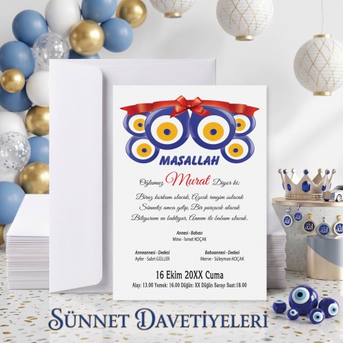 Mert Sünnet Davetiye 0310 - Nazar Boncuk Tasarımlı Sünnet Davetiyesi Modelleri - Yaren Davetiye