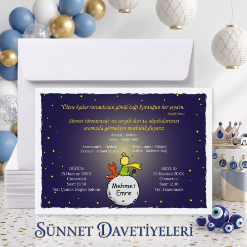 Mert Sünnet Davetiye 0324 - Küçük Prens Tasarım Sünnet Davetiyesi - Yaren Davetiye