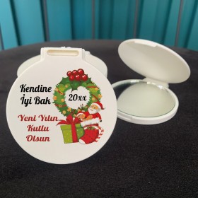 Ayna 022 - Yuvarlak -  Yeni Yıl Hediyesi Baskılı Hediyelik Cep Aynası