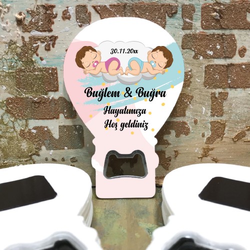 Balon Açacaklı Magnet 223 - Yenidoğan İkiz Bebek Hediyelik Magnet - Yaren Davetiye