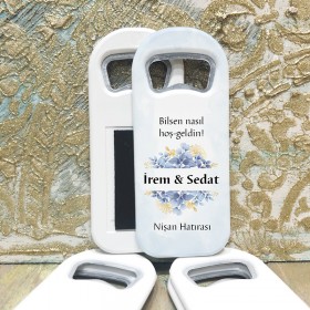 Dikdörtgen Açacaklı Magnet 01004 - Mavi Çiçekli Nişan, Söz, Nikah Hediyelik Magnet