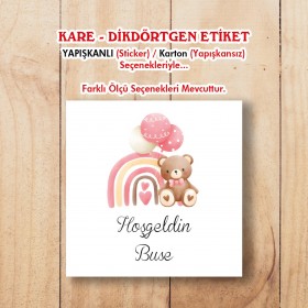 Kare Etiket 198 - Sevimli Ayıcık Pembe Tasarım
