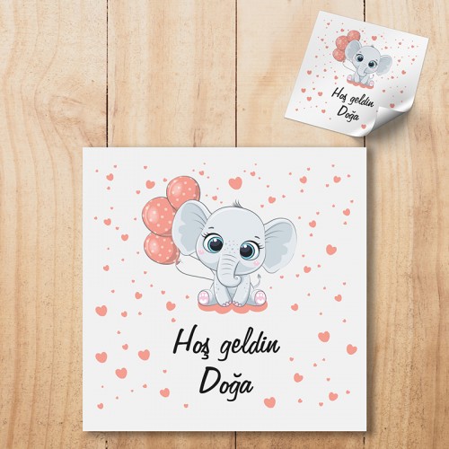 etiket sticker Kare Etiket 065 - Fil Tasarım Kız Bebek Etiketi - Yaren Davetiye