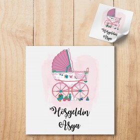 Kare Etiket 084 - Pembe Bebek Araba Tasarım Etiket