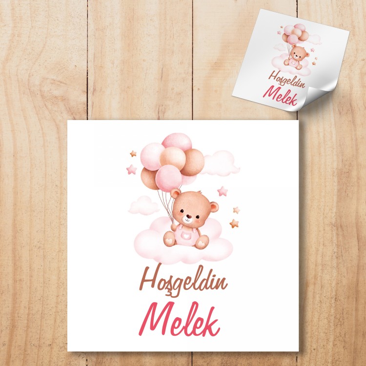Kare Etiket 140 - Ayıcık Pembe Balonlu Etiket