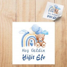 Kare Etiket 161 - Mavi Gökkuşağı Ayıcık Temalık Etiket