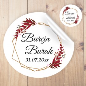 Yuvarlak Etiket 012 - Kırmızı Çiçekli Kına, Düğün Tasarım