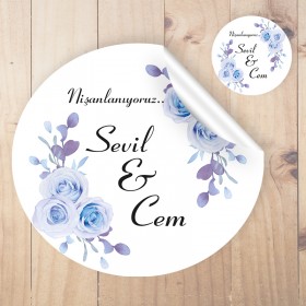 Yuvarlak Etiket 016 - Mavi Çiçekli Tasarım