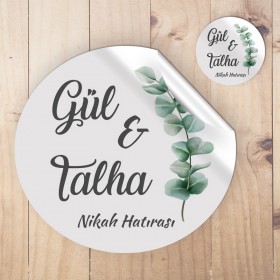 Yuvarlak Etiket 032 - Yeşil Yapraklı Nişan Hatırası Etiket