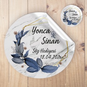 Yuvarlak Etiket 039 - Mavi Çiçekli Nişan Hatırası Hediye Etiketi