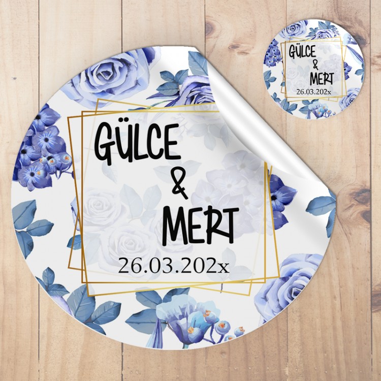 Yuvarlak Etiket 052 - Mavi Çiçekli