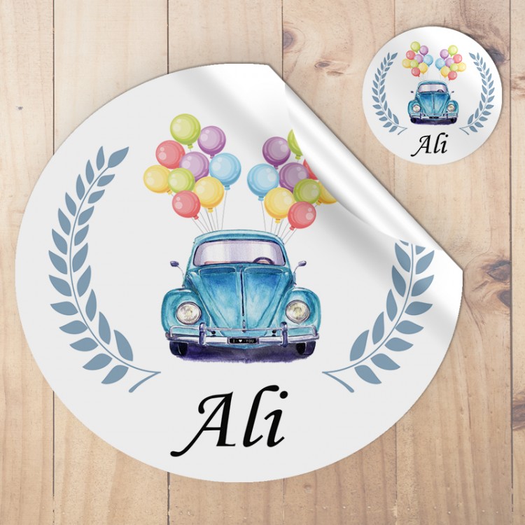 Yuvarlak Etiket 075 - Mavi Araba Temalı
