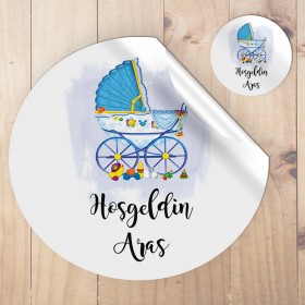 Yuvarlak Etiket 083 - Mavi Bebek Araba Temalı