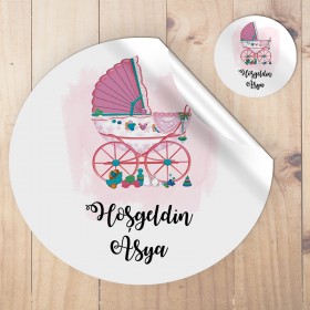 Yuvarlak Etiket 084 - Pembe Bebek Araba Temalı