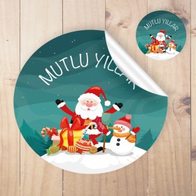 Yuvarlak Etiket 130 - Kardan Adam - Mutlu Yıllar - Yılbaşı - Yeni Yıl Tasarım Sticker