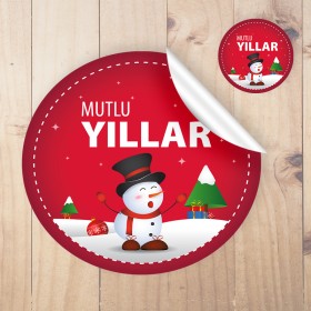 Yuvarlak Etiket 138  - Kardan Adam  - Mutlu Yıllar - Yılbaşı - Yeni Yıl Tasarım Sticker