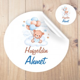 Yuvarlak Etiket 139 - Sevimli Ayıcık Mavi Balonlu Etiket