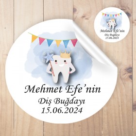 Yuvarlak Etiket 164 - Diş Buğdayı Tasarım Mavi Erkek Bebek Sticker