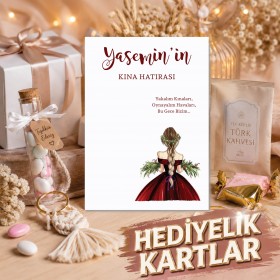 Hediyelik Kartı 0020 - Kırmızı Elbiseli Kına Kızı Temalı Mendil Hediye Kartı