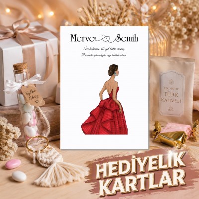 Hediyelik Kartı 0026 - Kırmızı Elbiseli Kına Kızı Anahtarlık, Mendil Hediye Kartı