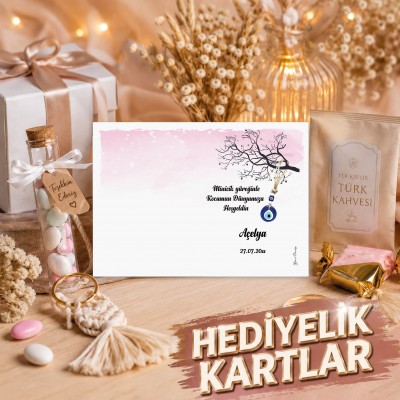 Hediyelik Kartı 0069 - Pembe, Nazar Boncuklu Anahatarlık Kartı
