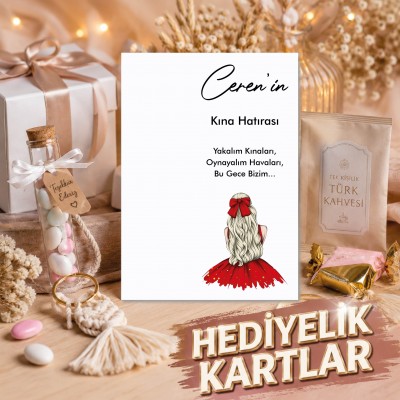 Hediyelik Kartı 0220 - Kırmızı Elbiseli Kına Kızı Temalı Hediye Kartı