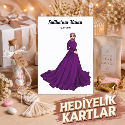 Hediyelik Kartı 0264 - Mor Elbiseli Tesettürlü Kızı Tasarım Hediye Kartı