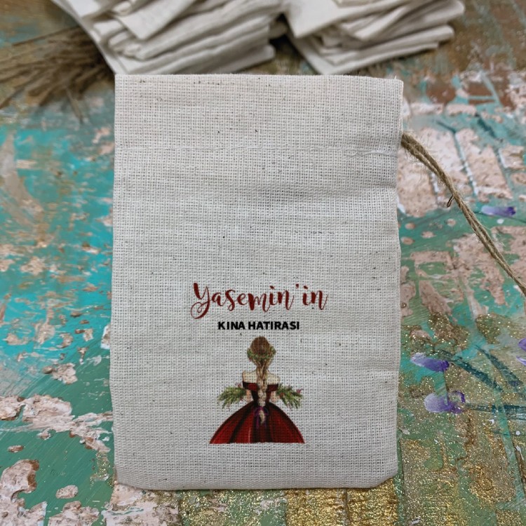 Baskılı Kese 0016 - Kırmızı Elbiseli Kına Kızı Hediyelik Kese