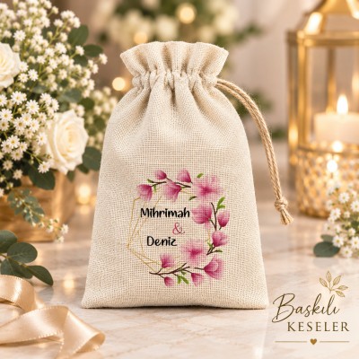 Baskılı Kese 0125 -  Pembe Çiçekli Hediyelik Kese
