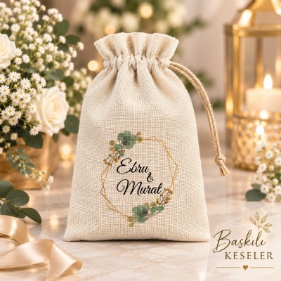 Baskılı Kese 0268 - Yeşil Yaprak Tasarım Hediyelik Kese